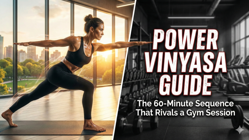 Split screen comparison of woman doing power vinyasa yoga and gym equipment with text overlay Power Vinyasa Guide