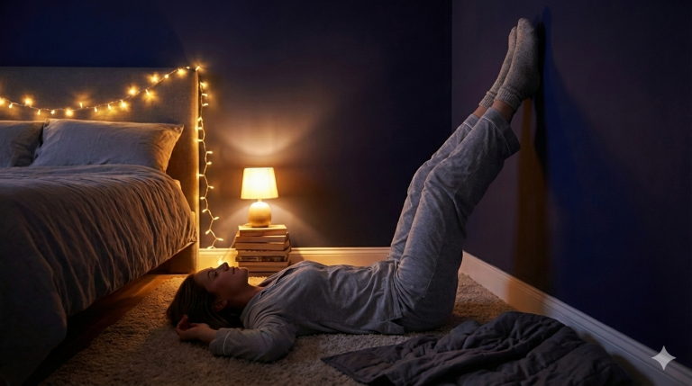 Woman practicing Legs Up The Wall yoga pose in a cozy bedroom for sleep