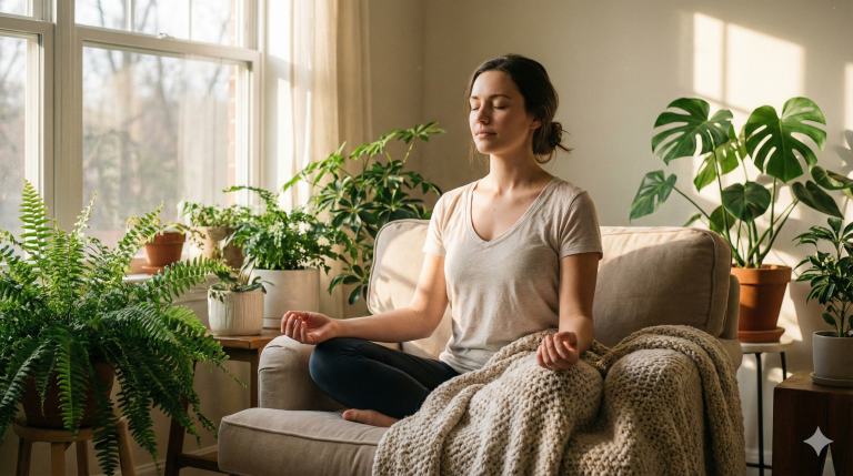 Woman sitting in a peaceful sunlit room doing breathing exercises for anxiety relief